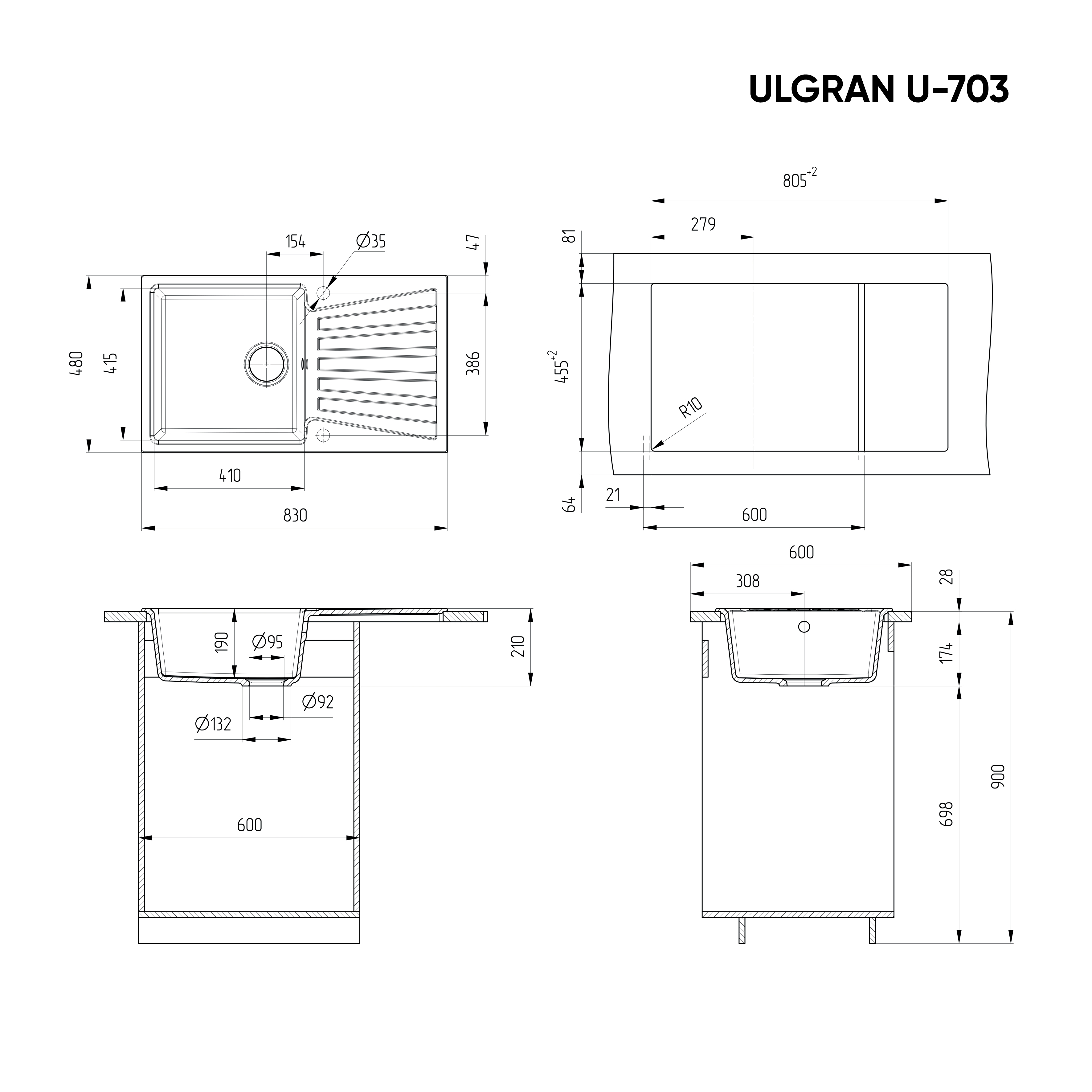 Кухонная мойка ULGRAN U-703 односекционная реверсивная