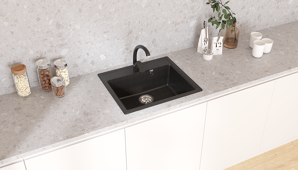 Кухонная мойка PR-М 565  односекционная с отверстием под смеситель-004 Черный оникс