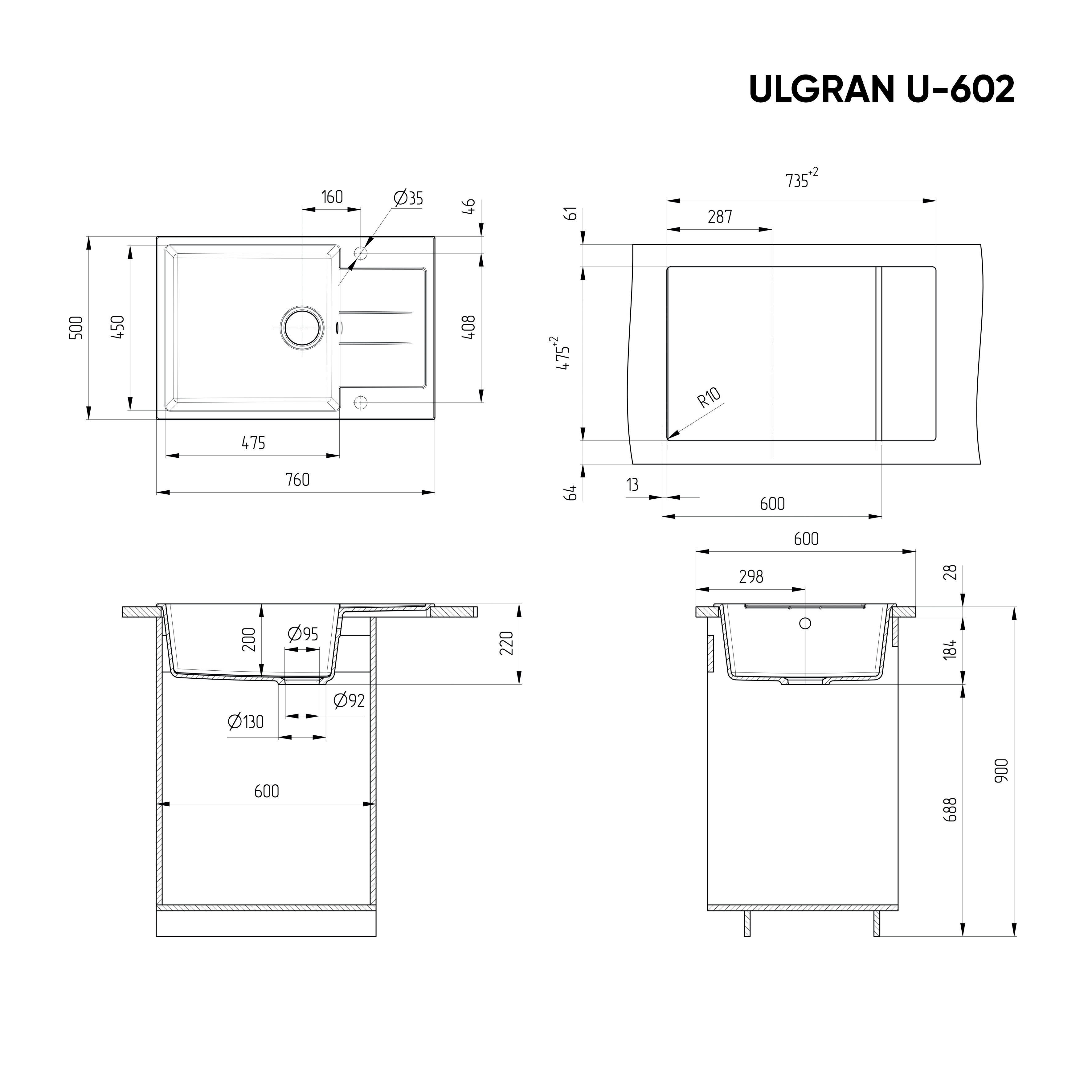 Кухонная мойка ULGRAN U-602 односекционная реверивная