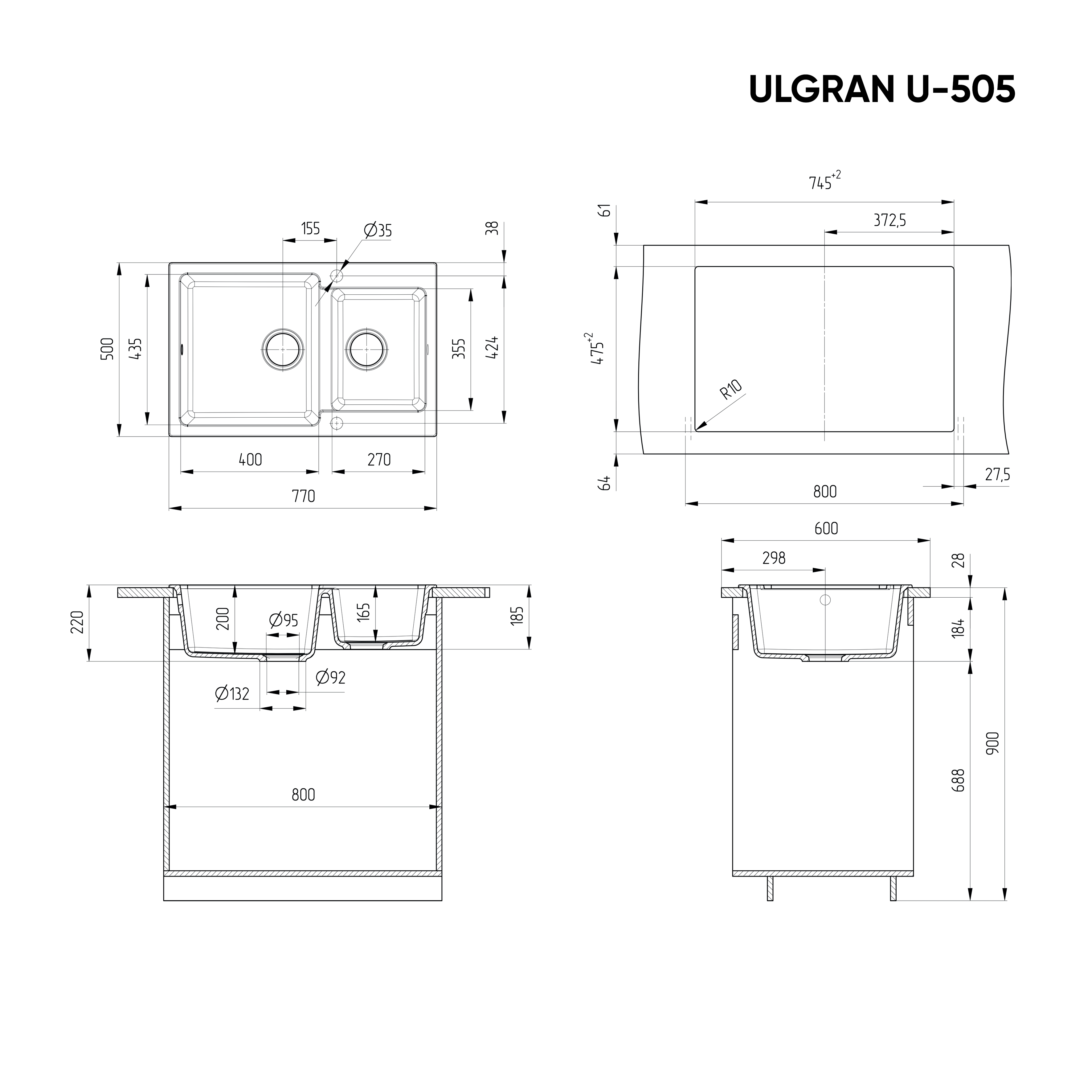 Кухонная мойка ULGRAN U-505 двухсекционная реверсивная