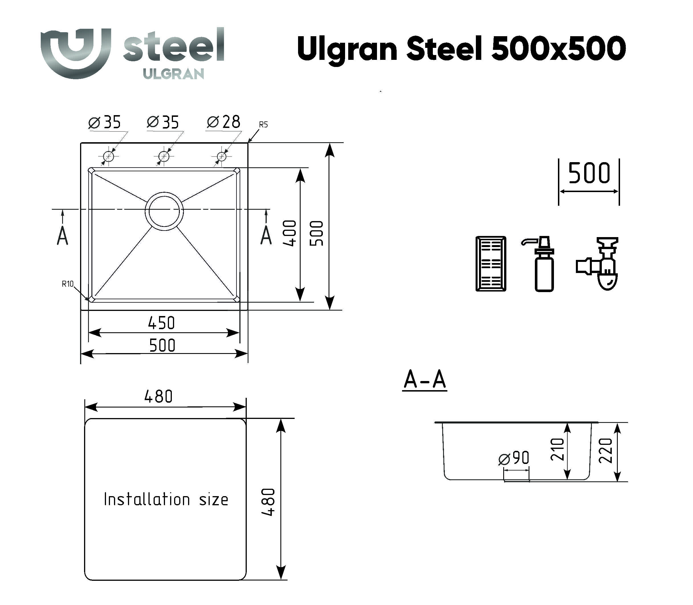 Кухонная мойка ULGRAN Steel 500 x 500