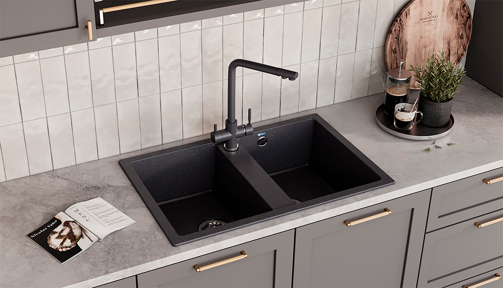 Кухонная мойка ULGRAN U-608 двухсекционная с отверстием  под смеситель