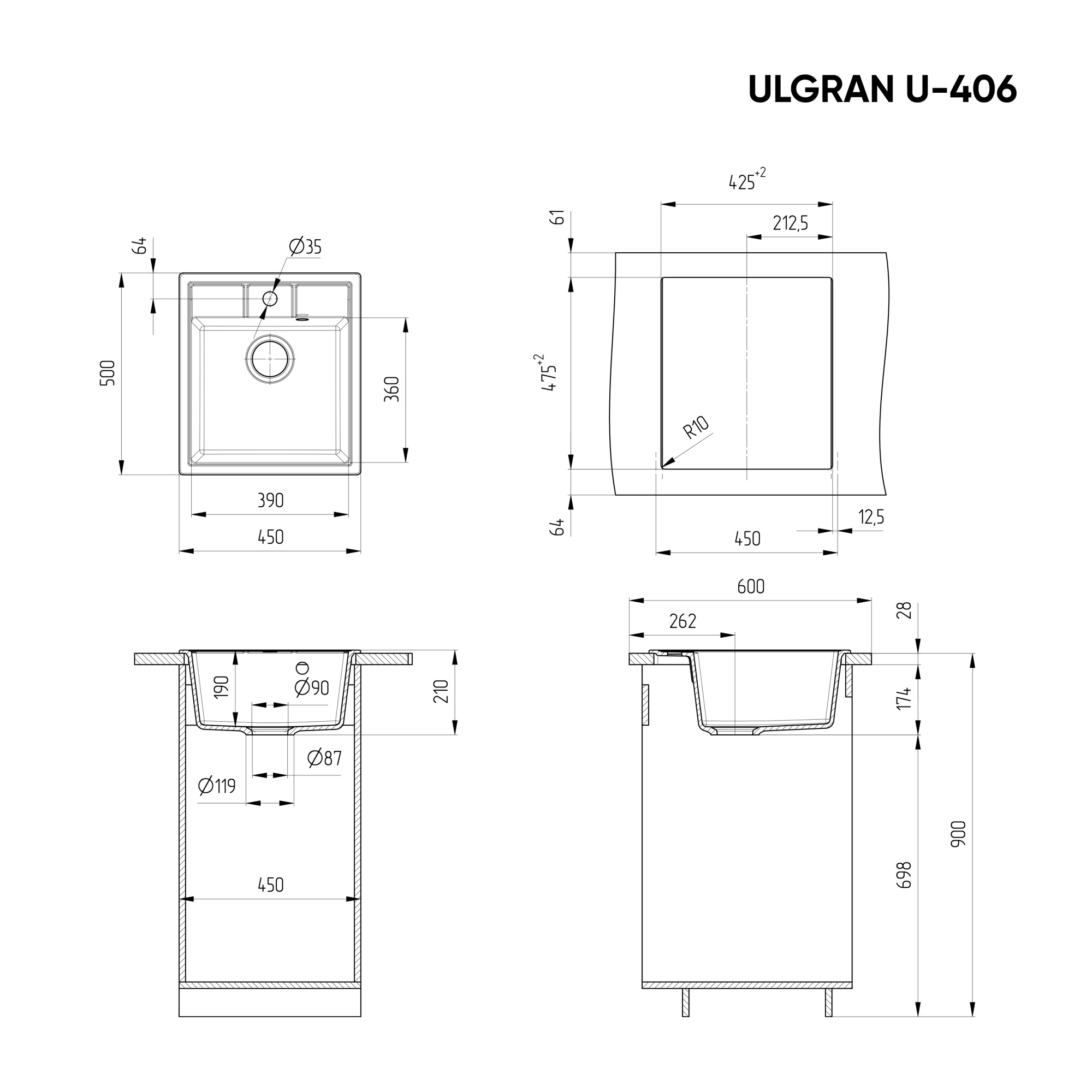 Кухонная мойка ULGRAN U-406 односекционная с отверстием под смеситель