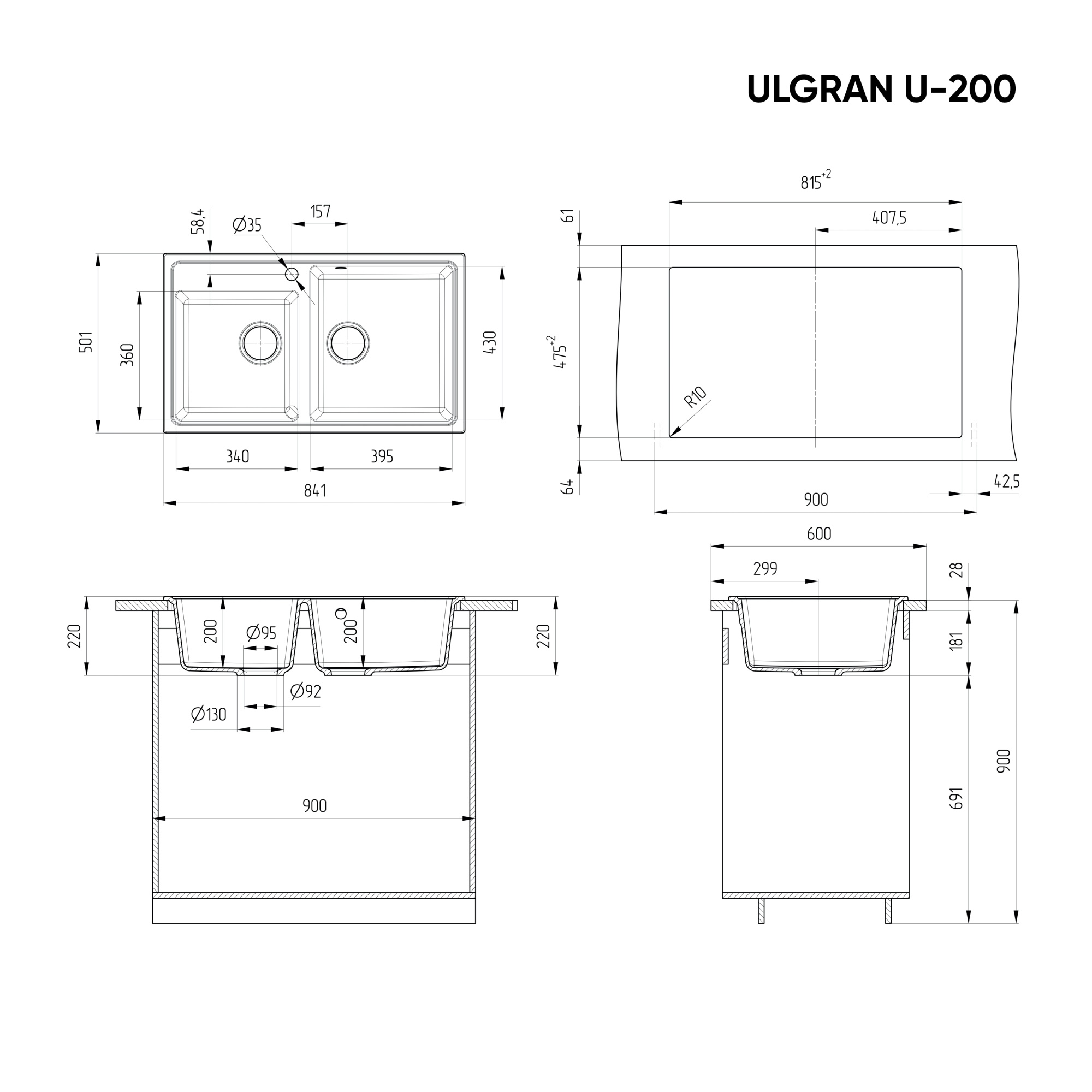 Кухонная мойка ULGRAN U-200 двухсекционная с отверстием под смеситель