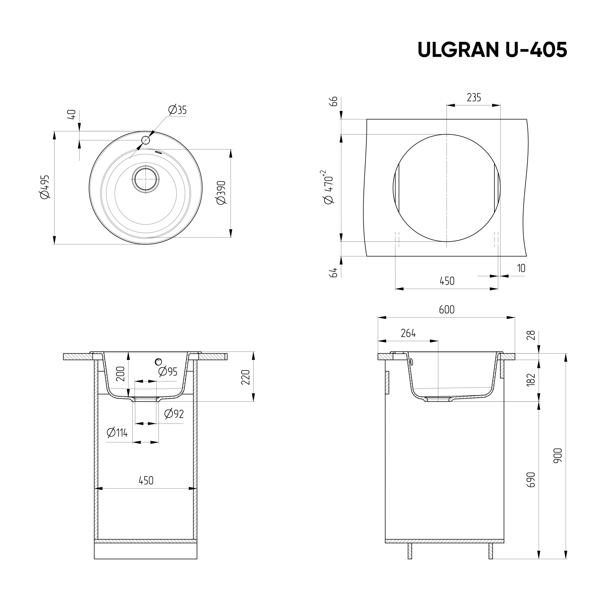 Кухонная мойка ULGRAN U-405 круглая с отверстием под смеситель