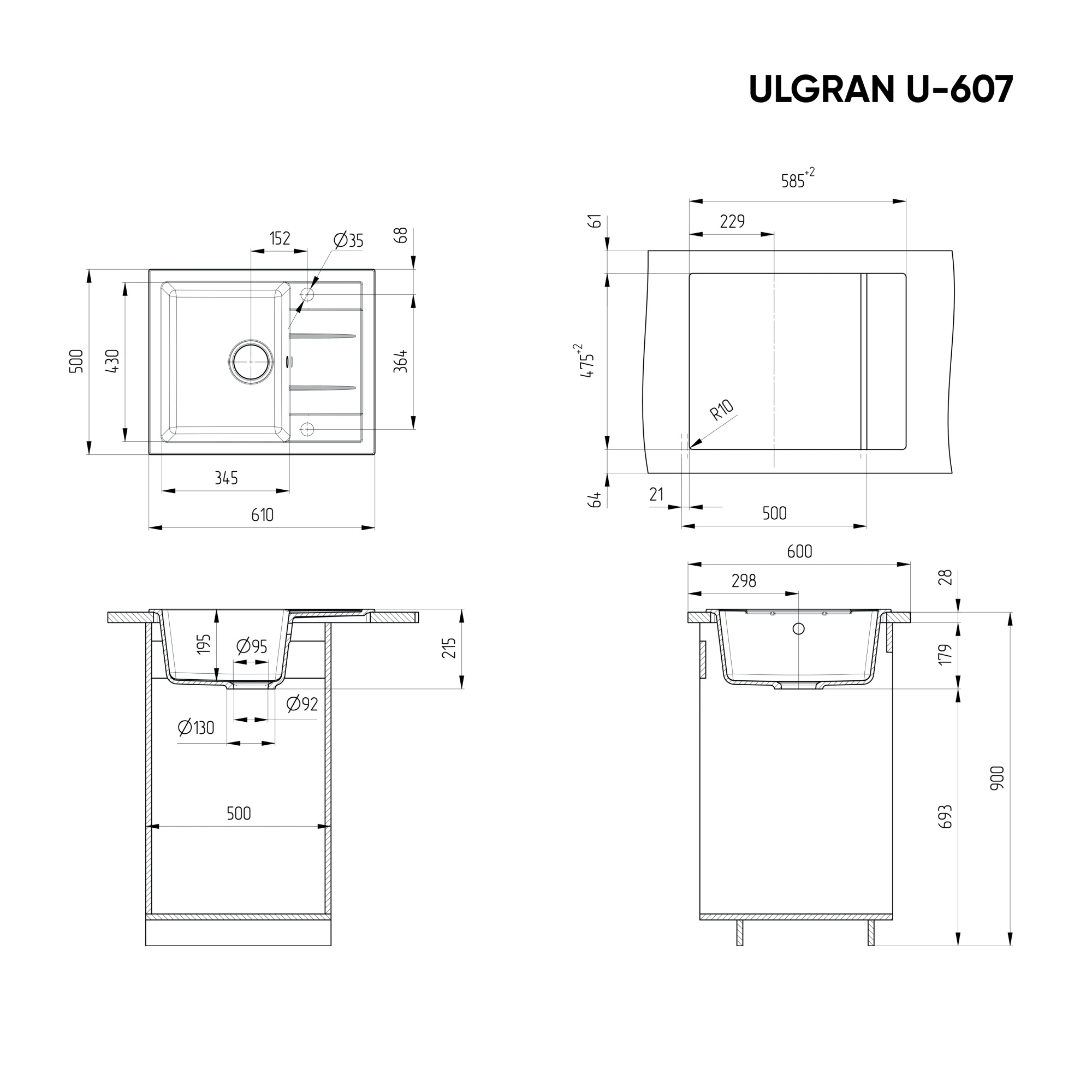 Кухонная мойка ULGRAN U-607 односекционная реверсивная
