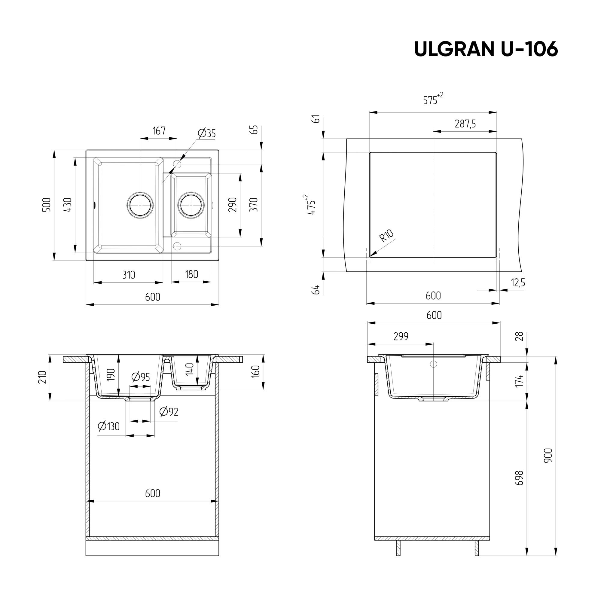 Кухонная мойка ULGRAN U-106 двухсекционная реверсивная