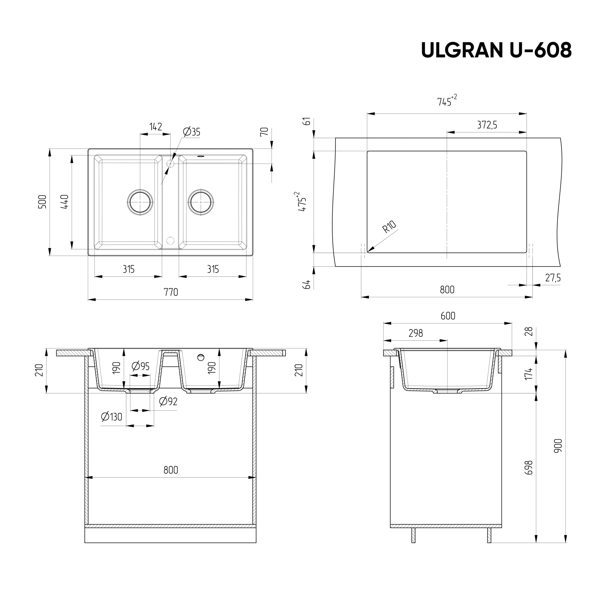 Кухонная мойка ULGRAN U-608 двухсекционная с отверстием  под смеситель