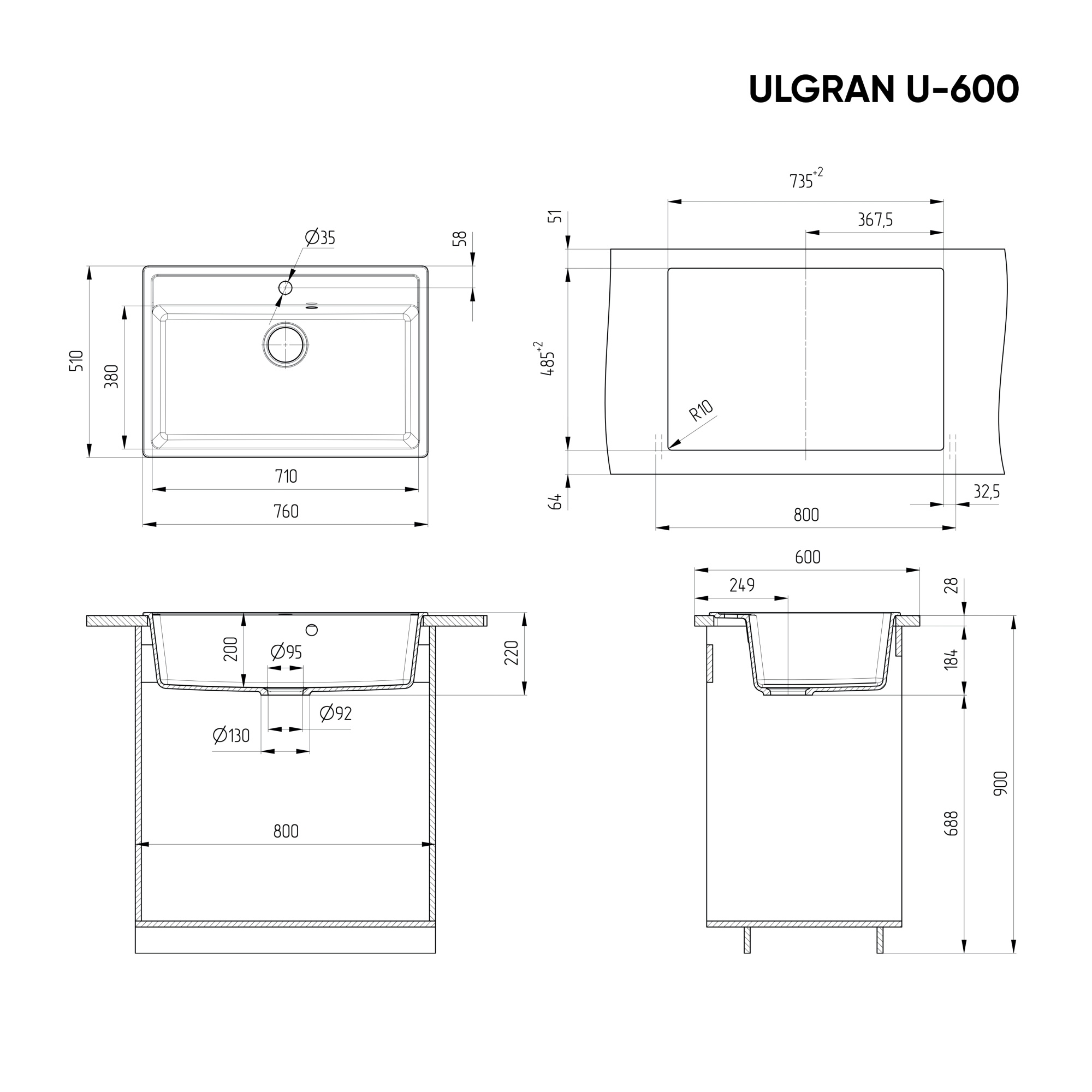 Кухонная мойка ULGRAN U-600 односекционная с отверстием под смеситель