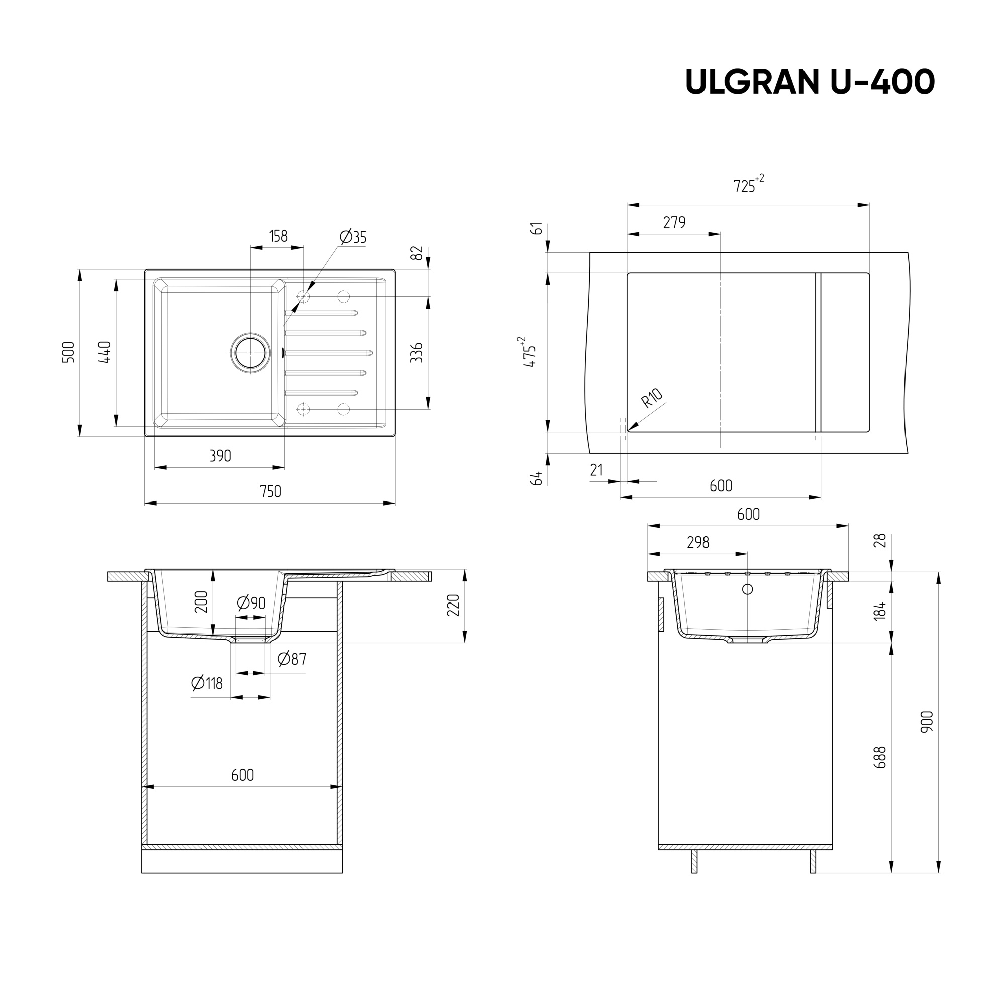 Кухонная мойка ULGRAN U-400 односекционная реверсивная